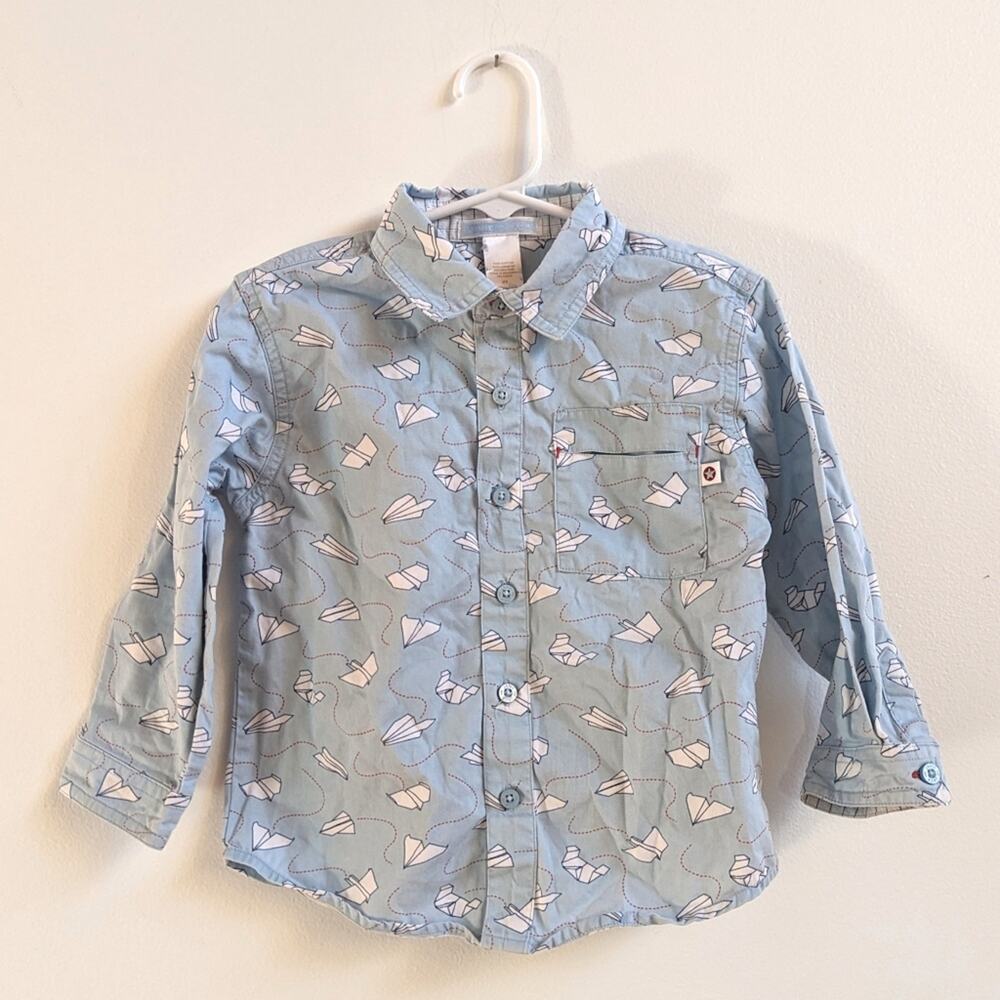 Janie and Jack Button Down Shirt Boys Sz 2T Blue Paper Airplane 2004